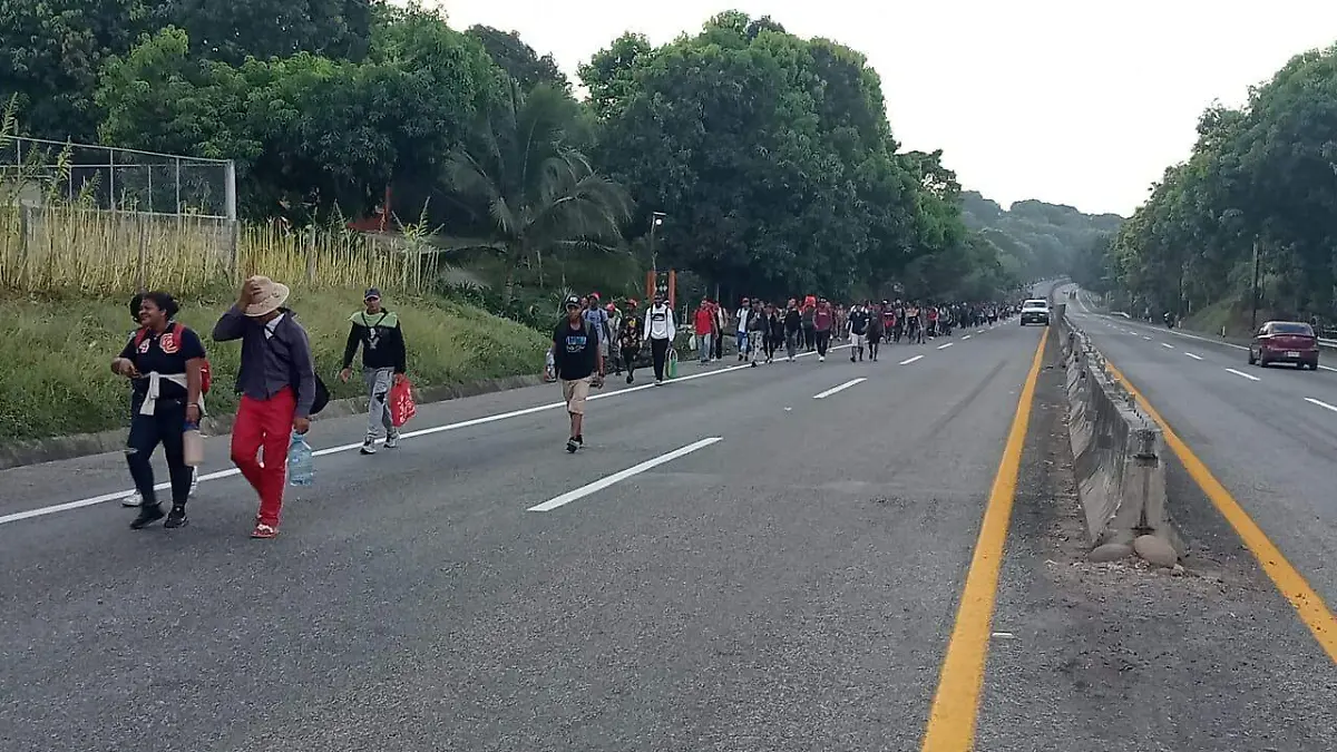 Migrantes caminando por la carretera costera